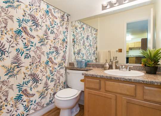 A clean, well-lit bathroom here at Hyde Park North Apartments with a bathtub and shower combo enclosed by a patterned curtain, a white toilet, and a wood vanity topped with a speckled countertop. A wide mirror with overhead lighting brightens the space, while wood-style flooring and simple decor create a comfortable, functional layout.