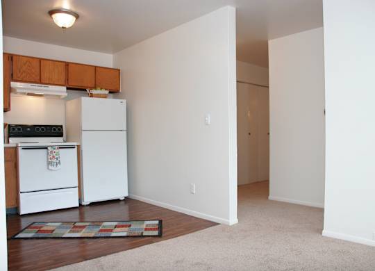 A bright open living and kitchen area here at Hyde Park North Apartments with beige carpet in the living space and wood-style flooring in the kitchen. The kitchen features warm wood cabinets, a refrigerator, stove, and range hood, while the nearby hallway leads to bedroom storage, creating a practical and comfortable layout.