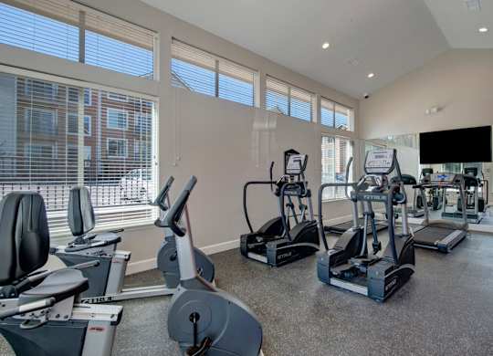 A bright modern fitness center here at Vista View featuring large floor-to-ceiling windows with white blinds, multiple cardio machines including treadmills, ellipticals, and stationary bikes, mirrored walls that reflect natural light, durable rubber flooring, and a mounted flat-screen TV creating an open and energizing workout space.