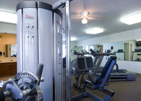 A bright fitness center here at Windtree showcasing strength training machines, cardio equipment, and free weights arranged across a carpeted floor, with wall mirrors, overhead lighting, and neutral walls that create an open, functional workout space designed for a variety of exercise routines.