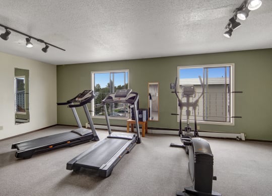 A small gym here at The Continental Apartments with two treadmills and an elliptical machine on a carpeted floor. Large windows and mirrors provide natural light and reflection.