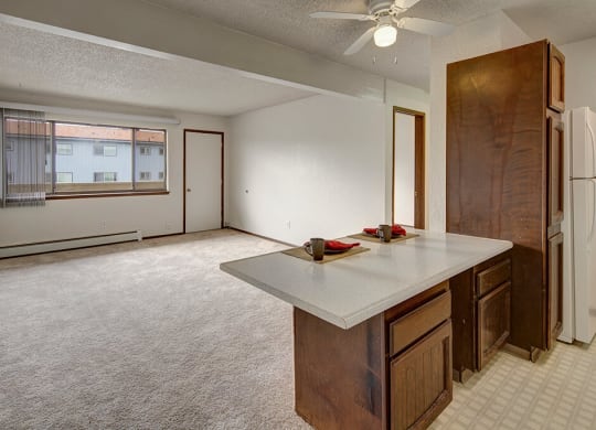 Spacious, empty living room here at The Continental Apartments with beige carpet and white walls. Large window with vertical blinds, overlooking adjacent buildings. Open kitchen counter with two place settings.
