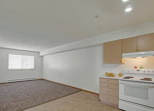 a kitchen with white appliances and a white stove top oven