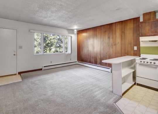 Empty living room here at Country Lane Apartments with gray carpet, wood-paneled accent wall, and a large window showing greenery. A compact kitchen with a stove is visible to the right.