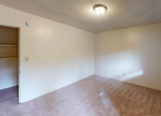 Empty bed room here at Country Lane Apartments with beige carpet, off-white walls, and a ceiling light fixture. Sunlight streams through a window on the right, creating a calm atmosphere.