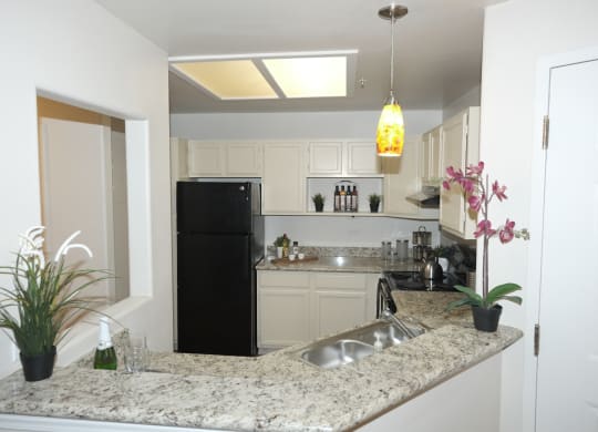 Modern kitchen here at Cheyenne Creek Apartment Homes with granite countertops, black fridge, and light cabinets. Elegant pendant light hangs above. Potted plants add a fresh touch. Cozy and inviting ambiance.
