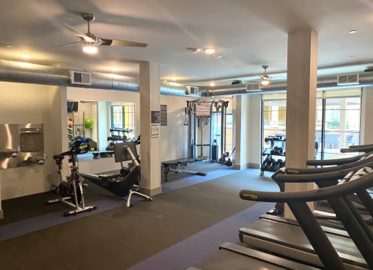 a gym with cardio equipment and weights on the floor