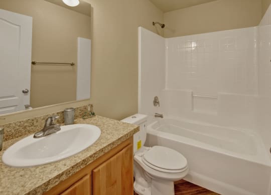 Compact bathroom here at Four Seasons Apartments with a white bathtub-shower combo, granite countertop with sink, and wooden cabinetry. Neutral tones and simple, modern fixtures.