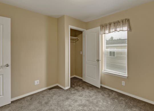 Beige bedroom here at Four Seasons Apartments with plush gray carpet, open closet, and window with blinds. Sunlight brightens the space, creating a calm, inviting atmosphere.