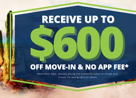 A promotional image offering up to $600 off move-in and no app fee.