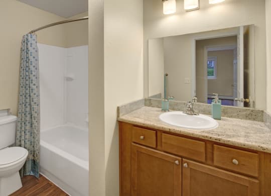 Bathroom here at Hillside Chalet Apartments with wooden cabinets and granite countertop, features a sink and large mirror. Bathtub with a blue-patterned curtain sits beside a toilet.