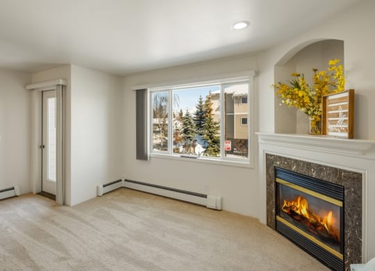 Bright living room here at La Maisonnette Apartments with plush carpet, large window showing snowy outside, and a modern fireplace. Yellow flowers and decor on mantel creating a cozy ambiance.