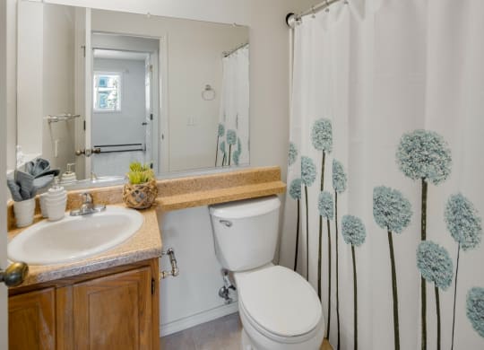 Small bathroom here at La Maisonnette Apartments with wooden vanity and beige countertop. White sink with silver faucet. Shower curtain has blue floral design. Bright and tidy atmosphere.