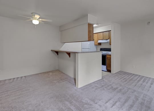 Simple apartment living area here at La Maisonnette Apartments with beige carpet, small kitchen with white appliances, wooden cabinets, and a ceiling fan. Bright and minimalistic.