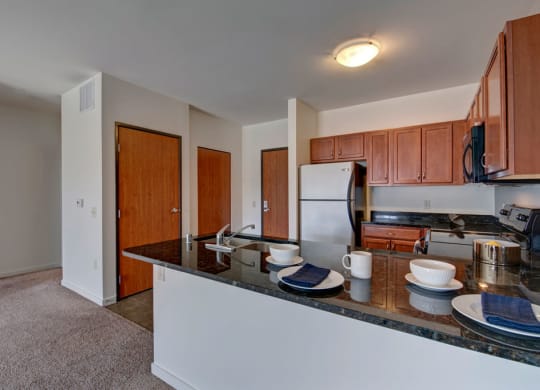 Modern kitchen at the Latitude Apartments with wood cabinets, stainless steel appliances, and a black countertop bar set with plates, bowls, and white mugs, creating an inviting atmosphere.
