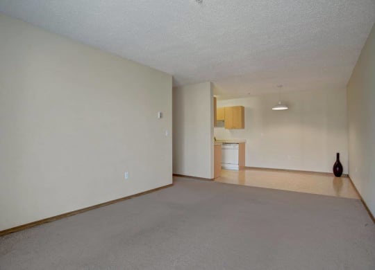 an empty living room and kitchen with a vase on the floor