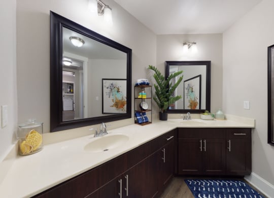 the preserve at ballantyne commons community bathroom with dual sinks and a large mirror