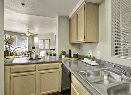 Modern kitchen here at Mirador Apartments with light wood cabinets, gray countertops, and a double sink. On the counter, there are small potted plants, a tray with a teapot, and a view into a cozy living room with large windows, a ceiling fan, and art on the walls.