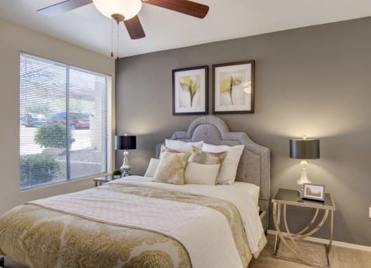 A cozy bedroom here at Mirador Apartments with a plush bed adorned with patterned pillows and a beige comforter. Two framed botanical prints hang on a gray wall. Soft lighting from two bedside lamps and a window add warmth. A ceiling fan is visible above.