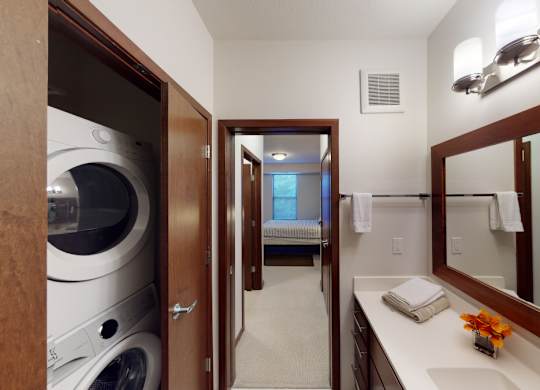 A bathroom with a washer and dryer built into the cabinet.
