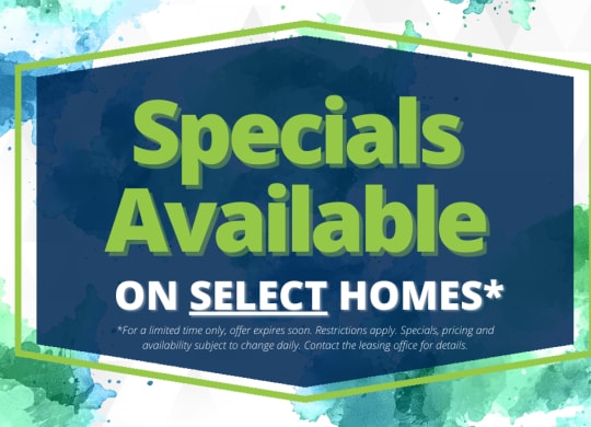 a blue and green sign that says specials available on select homes