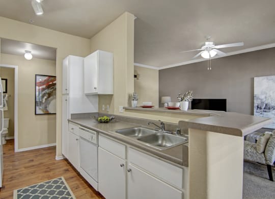 Modern kitchen view here at Mozaic at Steele Park Apartments with beige walls and wood flooring. White cabinets, stainless steel sink, and neutral decor including a fan and art piece. Cozy and inviting.
