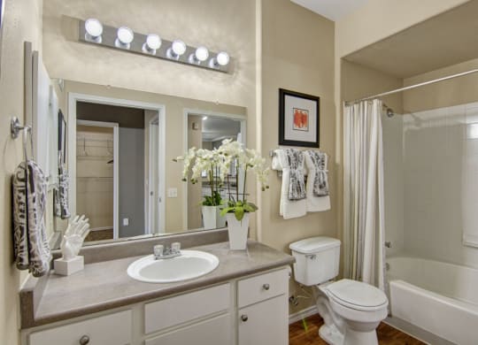 Bright, modern bathroom here at Mozaic at Steele Park Apartments with large mirror, countertop sink, white cabinets, and vase of flowers. Towel racks, framed art, shower, and toilet included.