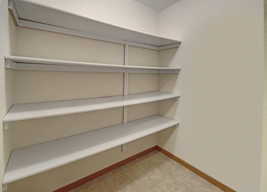 Empty shelves in a room with white walls.