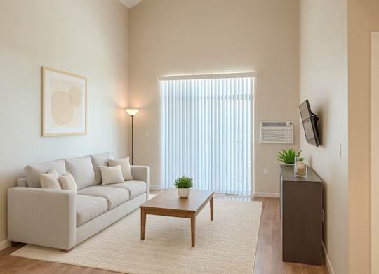 A bright, modern living room here at Dakota Ridge featuring high ceilings, a light neutral sofa with coordinating pillows, a wooden coffee table on a soft area rug, warm wood-style flooring, vertical blinds allowing natural light, a wall-mounted TV, and minimal decor creating an open, inviting atmosphere.