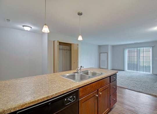A kitchen with a sink and a dishwasher.