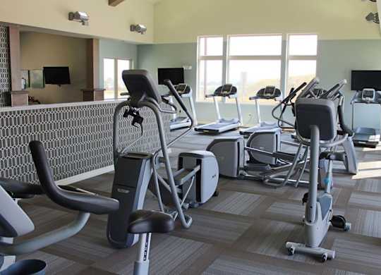 A modern fitness center here at Renaissance Heights featuring a variety of cardio machines and strength equipment, large windows that bring in natural light, neutral-toned flooring, mounted televisions, and an open, well-lit layout designed for comfortable and convenient resident workouts.