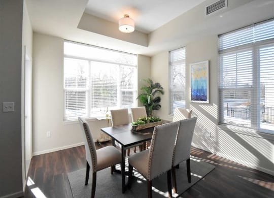 Bright dining room at the Oaks of Shorewood Apartments with large windows, white blinds, and a modern chandelier. A rectangular table is surrounded by six beige chairs. A potted plant and colorful artwork add warmth.