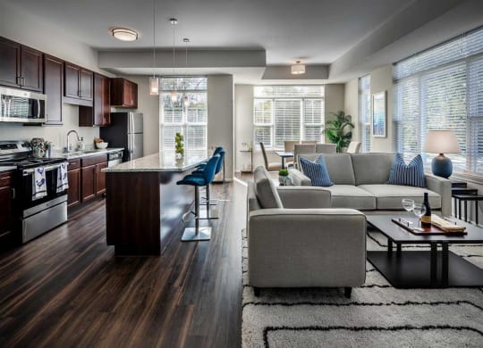 Modern open-concept living room and kitchen with dark wood cabinets, sleek appliances, a gray sofa, blue chairs, and abundant natural light from large windows at the Oaks of Shorewood Apartments.