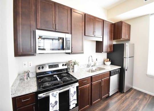 Modern kitchen with dark wooden cabinets, stainless steel appliances, and a granite countertop. Bright and clean with a cozy, inviting feel. The Oaks of Shorewood Apartments.