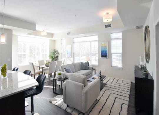 Bright, modern living space at the Oaks of Shorewood Apartments with a gray sofa, textured rug, dining table, and barstools. Large windows, soft lighting, and a cozy, inviting atmosphere.