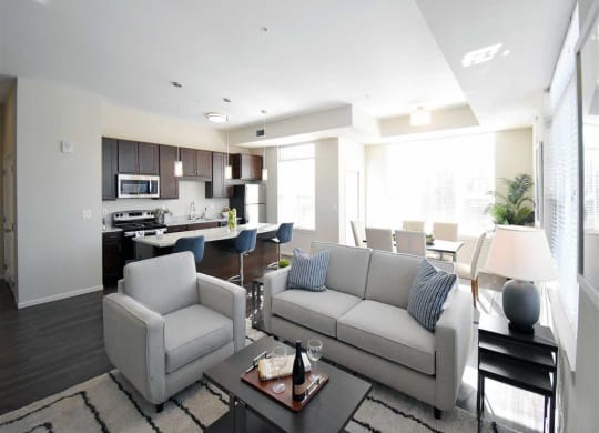 Modern open-concept living area at the Oaks of Shorewood Apartments with a cozy gray sofa, armchair, and coffee table. Bright kitchen and dining space in the background with natural light.