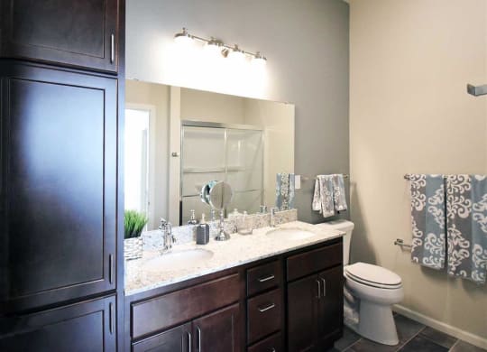 Modern bathroom at the Oaks of Shorewood Apartments with dark wood cabinets, dual sinks, and granite countertop. Wall-mounted lights illuminate the space. Stylish towels hang near the toilet.