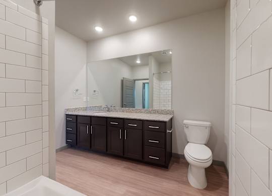 A white toilet sits in a bathroom with a large mirror and a counter with a sink.