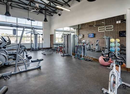 A gym with a variety of exercise equipment including treadmills, weights, and exercise balls.