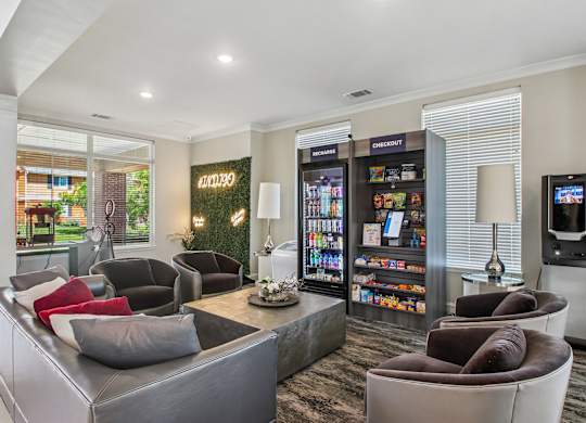 A modern living room with a grey couch and a coffee table.