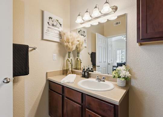 A bathroom vanity area here at Lincoln at Central Park featuring a dark wood cabinet, beige countertop, bright vanity lighting, large mirror, black towel, and decorative pampas stems with white floral accents for a warm, clean look.