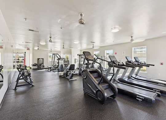 A fitness center here at Lincoln at Central Park featuring treadmills, stair climbers, weight machines, free weights, black rubber flooring, bright windows, and ceiling fans creating a clean, modern workout space.