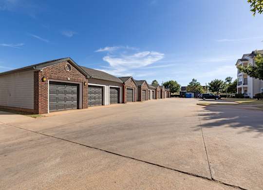 A row of garage doors are closed.