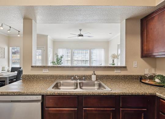 A kitchen here at Lincoln at Central Park featuring a double stainless steel sink set into granite-style countertops with rich wood cabinetry below. The pass-through bar opens to a bright living area with large windows and sheer curtains, while simple accents like a soap dispenser, glassware, and a small greenery tray create a clean, modern, and welcoming space.