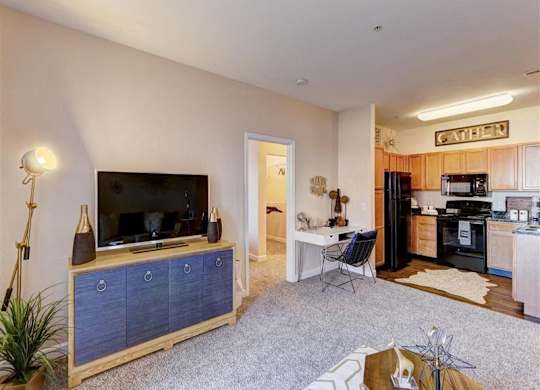 A living room with a television and a kitchen area in the background.