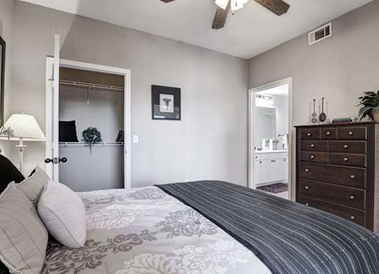 A relaxing bedroom here at Stoneleigh on May with beige carpet, soft gray walls, and a ceiling fan. An open closet offers storage, while an attached bathroom adds convenience and a comfortable, private feel.