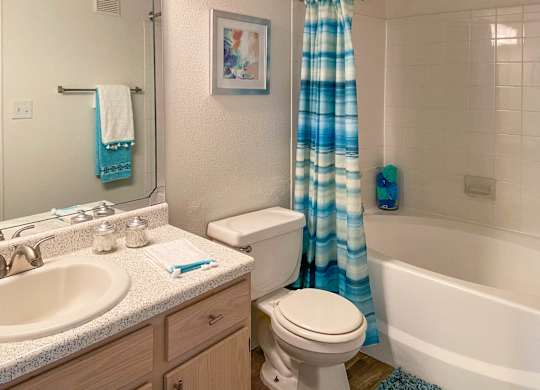 A bathroom with a white toilet, a sink, and a blue shower curtain.