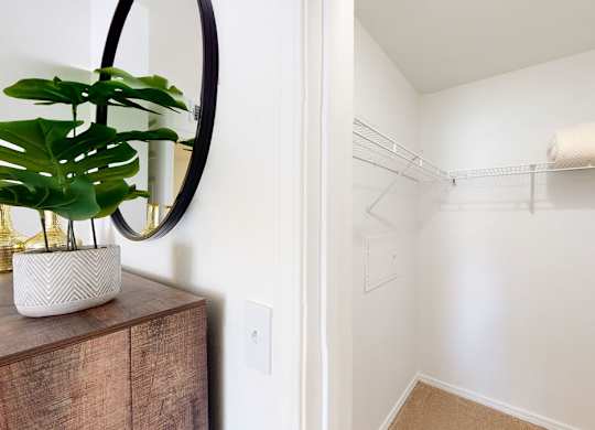 A walk-in closet here at Villas at Preston Lake with white walls, wire hanging shelves, beige carpet, and a folded cream blanket on the top shelf, with a wood dresser and green plant just outside.