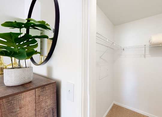 A bathroom with a towel on a shelf and a plant on a dresser.