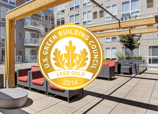 A sign for the U.S. Green Building Council is displayed on a patio.